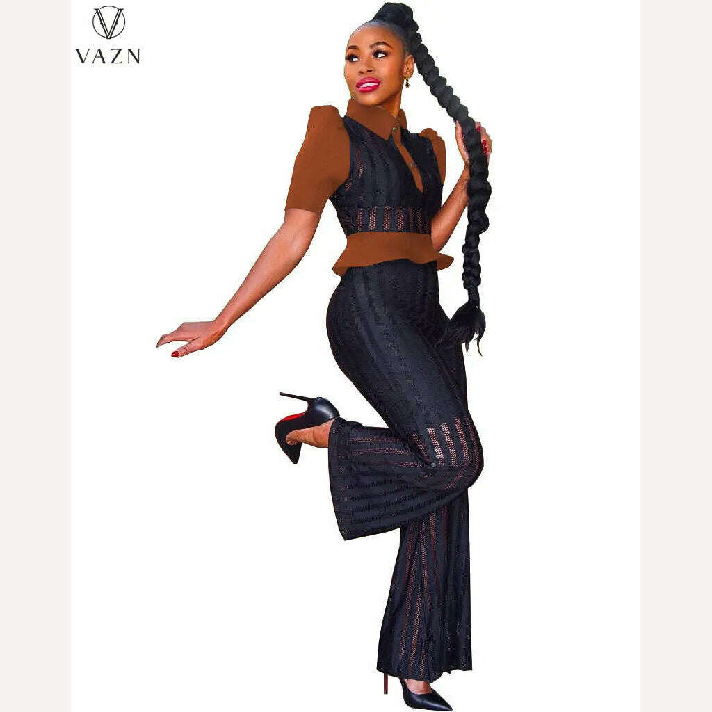 KIMLUD, VAZN New 2022 Fashion Street Casual Style Women Suit Short Sleeve Lapel Shirt Elastic Long Pants Pure Color Two Piece Sets, Auburn / S / China, KIMLUD APPAREL - Womens Clothes