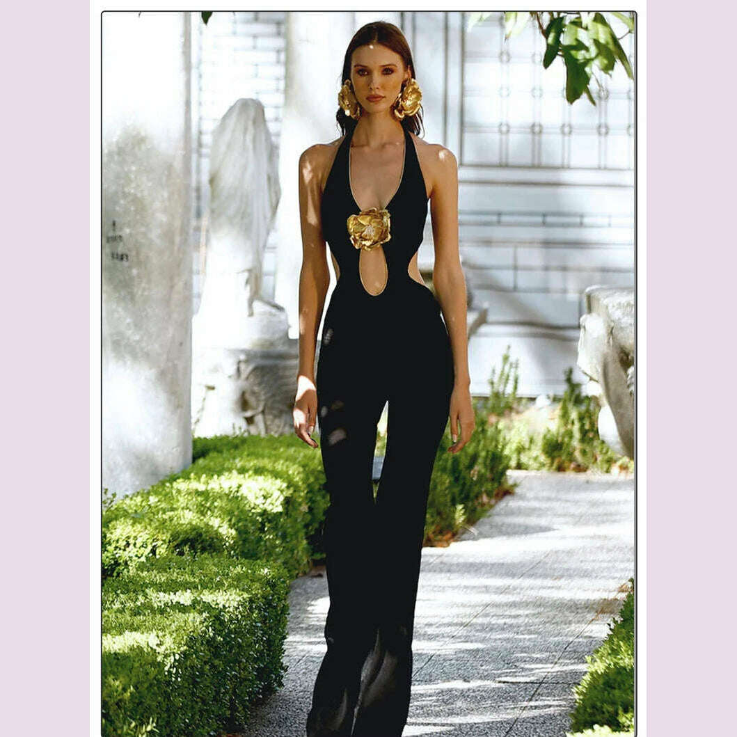 VC Black Jumpsuit With Gold Lining 3D Stero Flower Details Key Hole Halter Backless Hollow Out Rommpers Cocktail Party Outfits - KIMLUD