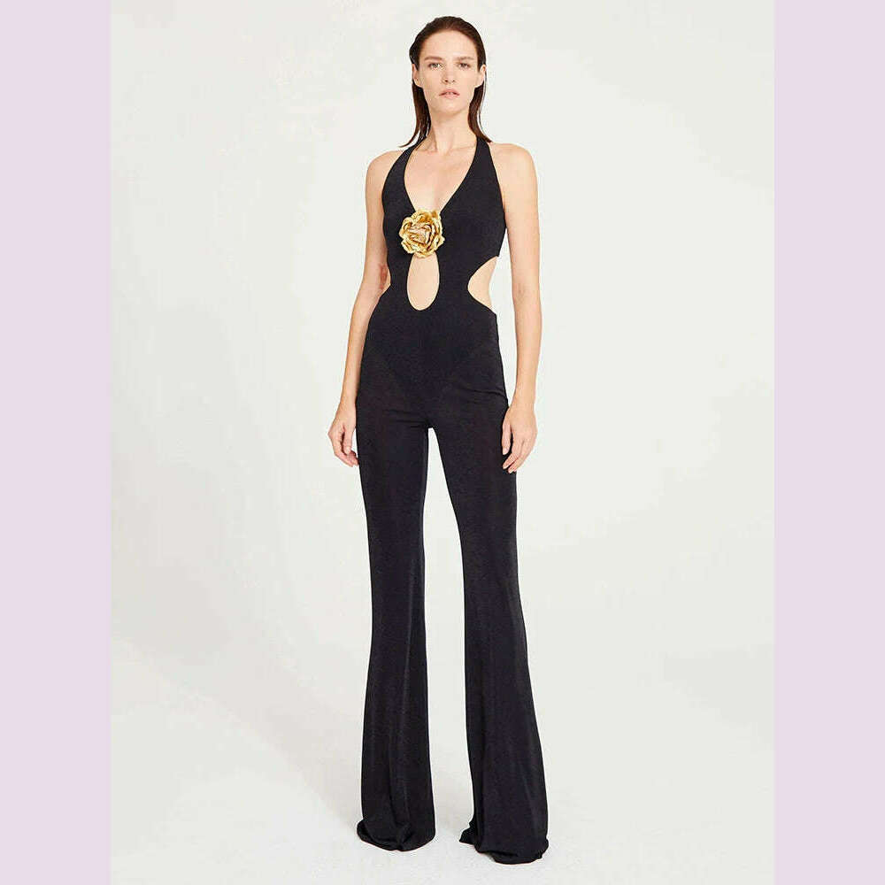 VC Black Jumpsuit With Gold Lining 3D Stero Flower Details Key Hole Halter Backless Hollow Out Rommpers Cocktail Party Outfits - KIMLUD