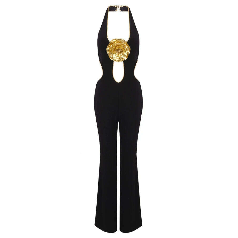 VC Black Jumpsuit With Gold Lining 3D Stero Flower Details Key Hole Halter Backless Hollow Out Rommpers Cocktail Party Outfits - KIMLUD