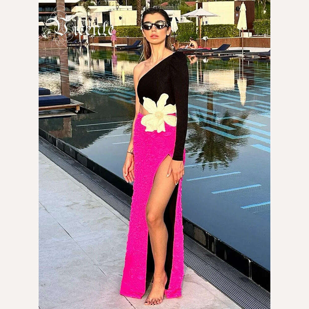 VC Fashion Party Dresses For Women 2023 Autumn Winter Sexy One Shoulder Long Sleeves High Waist Big Flower Decoration Gowns - KIMLUD