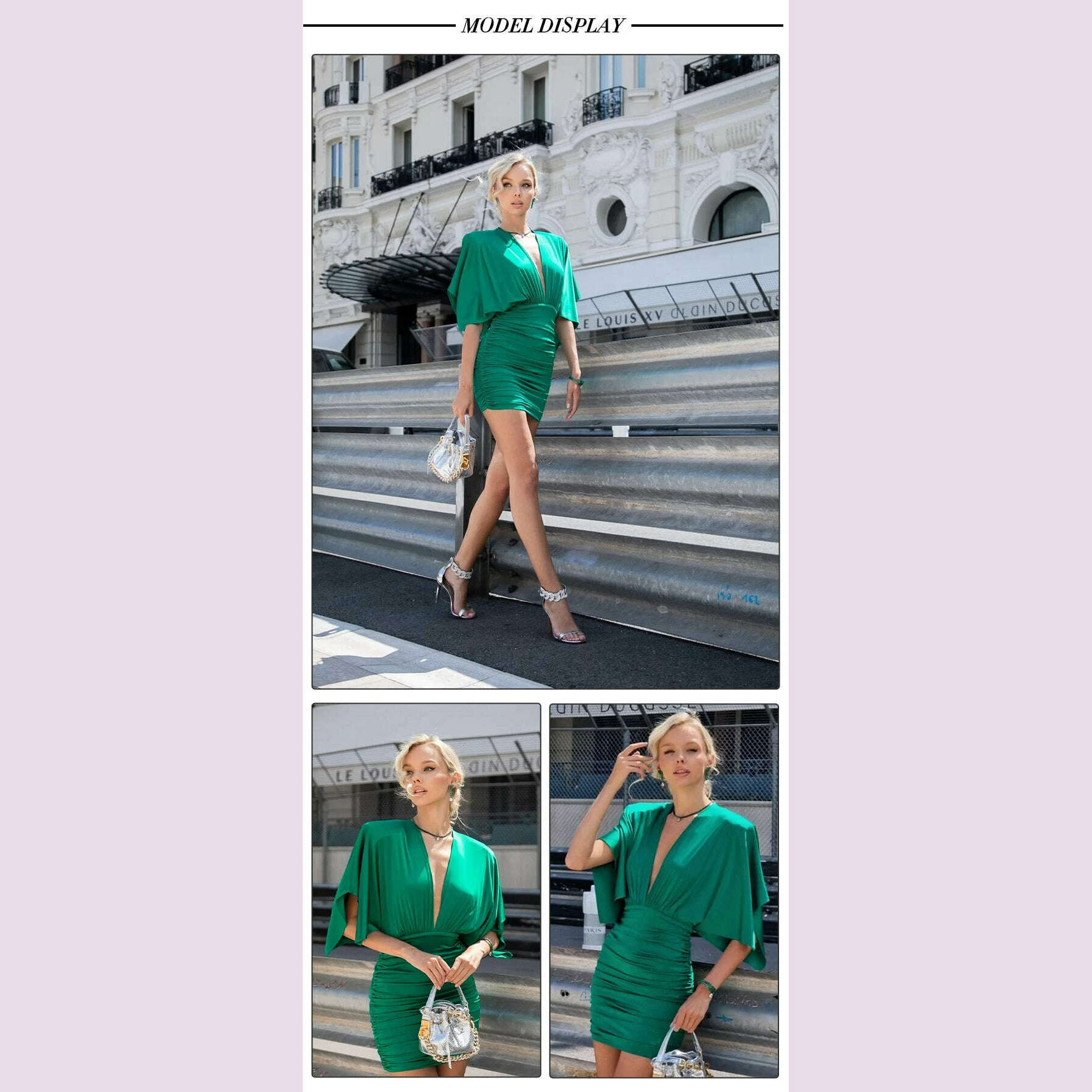 KIMLUD, VC Fashion Streetwear Women'S Dress For Special Event Sexy V Neck Draped Design Green Slim Thin Mini Dress With Gloves, KIMLUD Womens Clothes