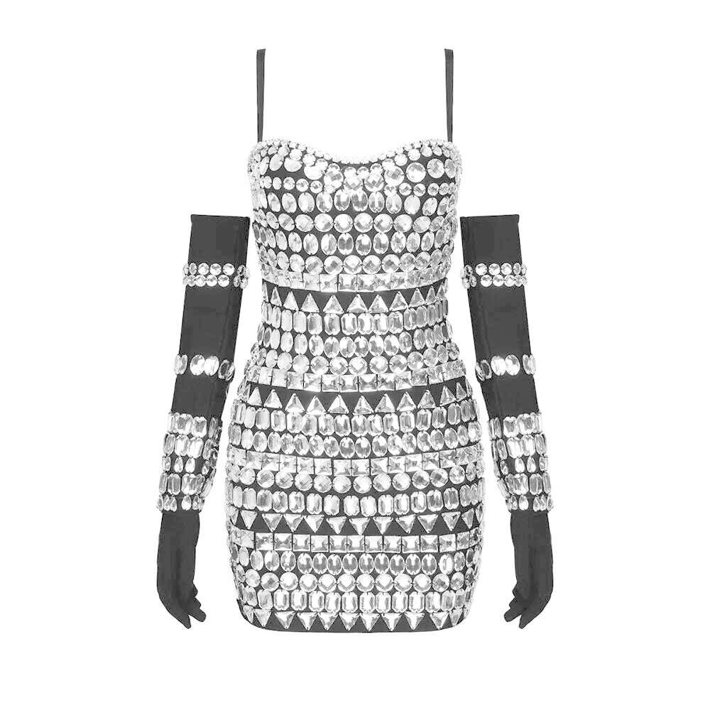 KIMLUD, VC Luxury Party Dress For Women Clubwear Long Sleeve Gloves Bodycon Bandage Black Mini Dress With Beads Diamond Decoration, As picture / XS, KIMLUD APPAREL - Womens Clothes