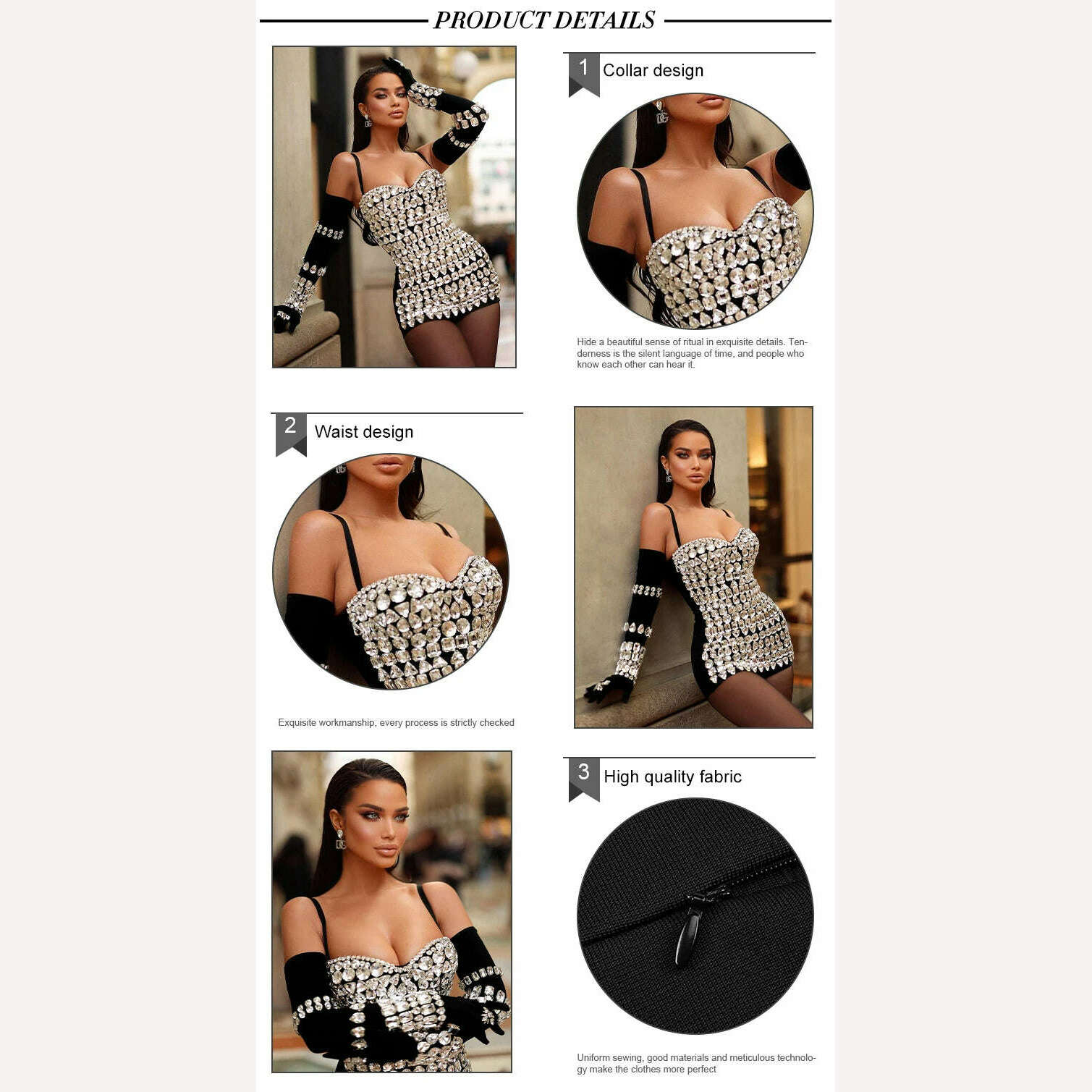 KIMLUD, VC Luxury Party Dress For Women Clubwear Long Sleeve Gloves Bodycon Bandage Black Mini Dress With Beads Diamond Decoration, KIMLUD Womens Clothes