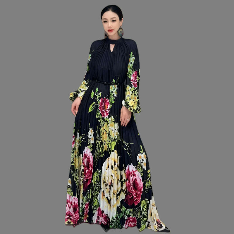 KIMLUD, Vefadisa 2023 Autumn Casual Light Luxury Wind Pressure Pleated Waist Long Dress Fashion Printed Small Flower Personalized ZY1923, KIMLUD Womens Clothes