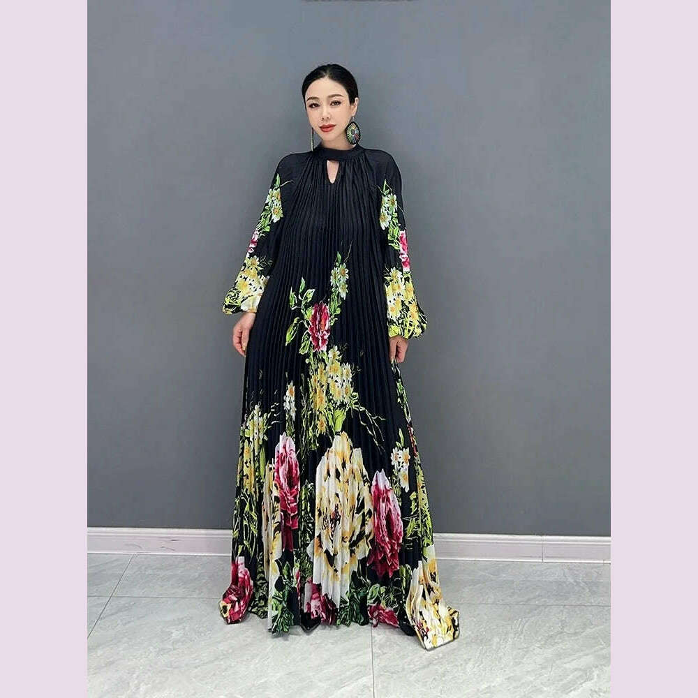 KIMLUD, Vefadisa 2023 Autumn Casual Light Luxury Wind Pressure Pleated Waist Long Dress Fashion Printed Small Flower Personalized ZY1923, KIMLUD Womens Clothes