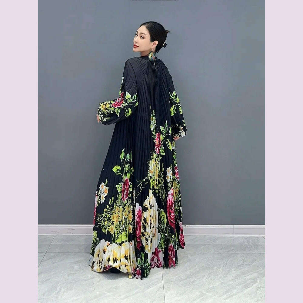 KIMLUD, Vefadisa 2023 Autumn Casual Light Luxury Wind Pressure Pleated Waist Long Dress Fashion Printed Small Flower Personalized ZY1923, KIMLUD Womens Clothes