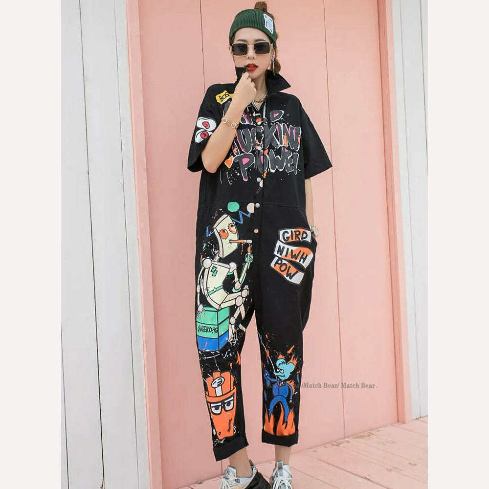 KIMLUD, Vefadisa Black Army Green Orange-red Cartoon Printed Women Jumpsuits 2023 Summer Women Jumpsuits Wide Leg Pants Rompers QYF5403, KIMLUD Womens Clothes