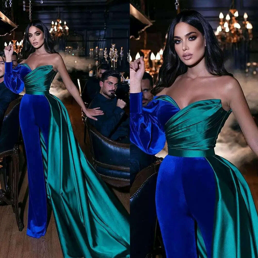 KIMLUD, Velvet And Stain Women Evening Dress Custom Made Blue & Green One Shoulder Patchwork Jumpsuits Strapless Prom Gown, KIMLUD Womens Clothes