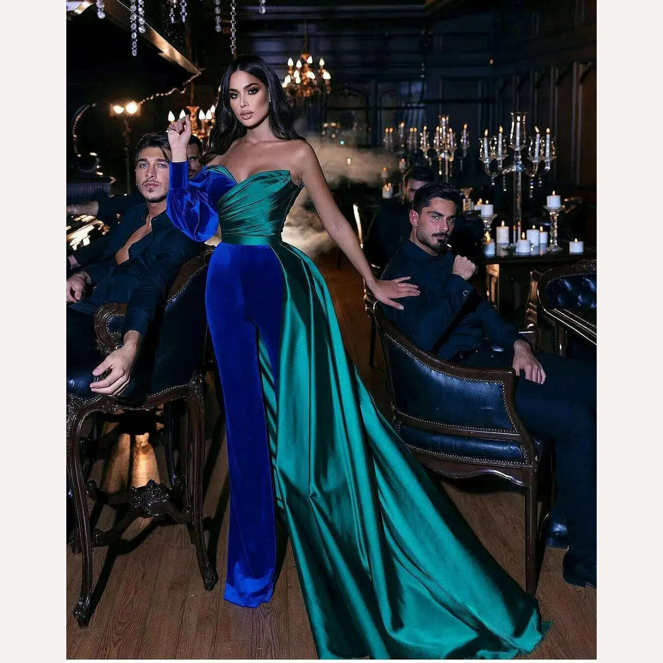 KIMLUD, Velvet And Stain Women Evening Dress Custom Made Blue & Green One Shoulder Patchwork Jumpsuits Strapless Prom Gown, Picture color / 2, KIMLUD Womens Clothes