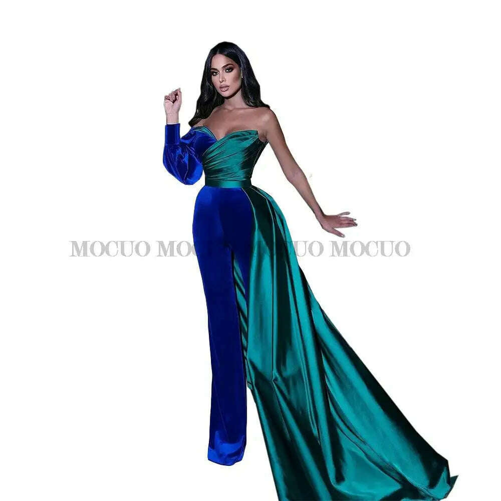 KIMLUD, Velvet And Stain Women Evening Dress Custom Made Blue & Green One Shoulder Patchwork Jumpsuits Strapless Prom Gown, KIMLUD Womens Clothes