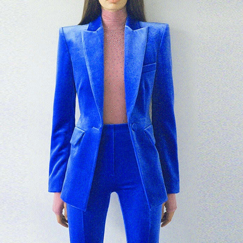 KIMLUD, Velvet Blazer Pants Women Set Purple Brown 2021 Autumn Winter New One Button Jacket + Flare Pants Two Piece Office Female Suit, Velvet Blue Sets / S, KIMLUD APPAREL - Womens Clothes