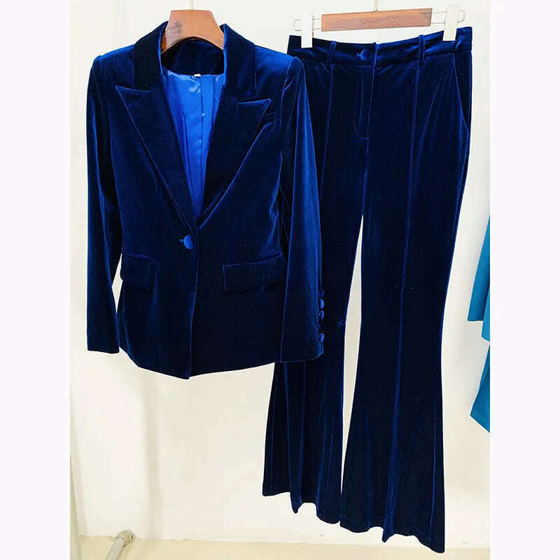 KIMLUD, Velvet Blazer Pants Women Set Purple Brown 2021 Autumn Winter New One Button Jacket + Flare Pants Two Piece Office Female Suit, Dark Blue Sets / S, KIMLUD APPAREL - Womens Clothes