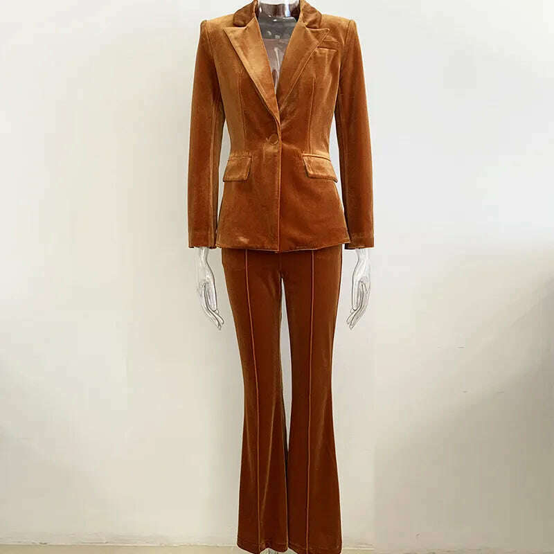 KIMLUD, Velvet Blazer Pants Women Set Purple Brown 2021 Autumn Winter New One Button Jacket + Flare Pants Two Piece Office Female Suit, Velvet brown sets / S, KIMLUD APPAREL - Womens Clothes