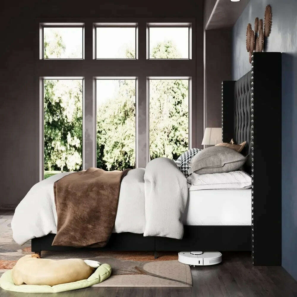 KIMLUD, Velvet Upholstered Bed Frame Queen Size 61.4" Tall Headboard Queen Bed Frame Deep Button Tufted No Box Spring Needed,Bed Frames, KIMLUD Womens Clothes