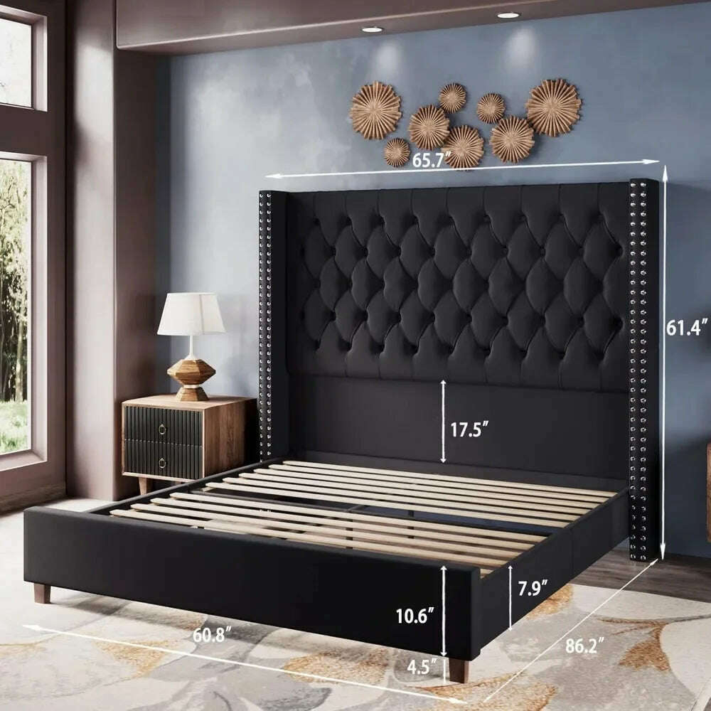 KIMLUD, Velvet Upholstered Bed Frame Queen Size 61.4" Tall Headboard Queen Bed Frame Deep Button Tufted No Box Spring Needed,Bed Frames, KIMLUD Womens Clothes