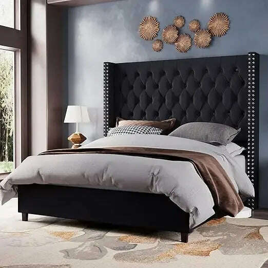 KIMLUD, Velvet Upholstered Bed Frame Queen Size 61.4" Tall Headboard Queen Bed Frame Deep Button Tufted No Box Spring Needed,Bed Frames, Black / 105x200cm / United States, KIMLUD APPAREL - Womens Clothes