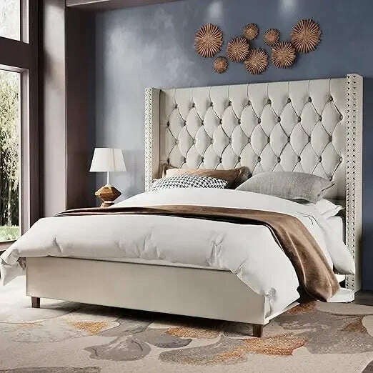 KIMLUD, Velvet Upholstered Bed Frame Queen Size 61.4" Tall Headboard Queen Bed Frame Deep Button Tufted No Box Spring Needed,Bed Frames, Cream / 105x200cm / United States, KIMLUD APPAREL - Womens Clothes