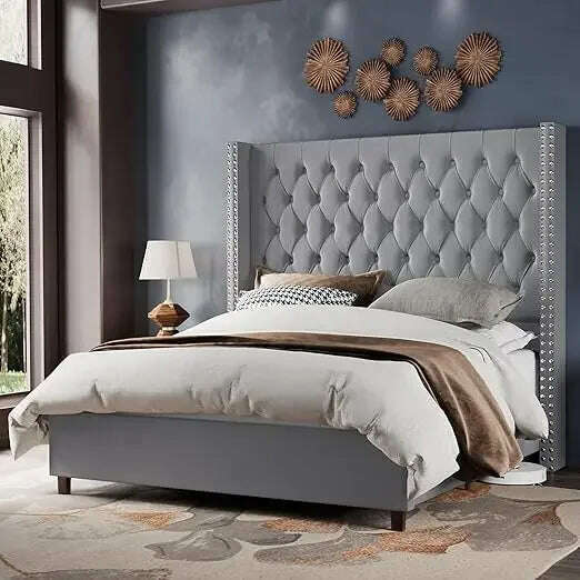 KIMLUD, Velvet Upholstered Bed Frame Queen Size 61.4" Tall Headboard Queen Bed Frame Deep Button Tufted No Box Spring Needed,Bed Frames, Grey / 105x200cm / United States, KIMLUD APPAREL - Womens Clothes