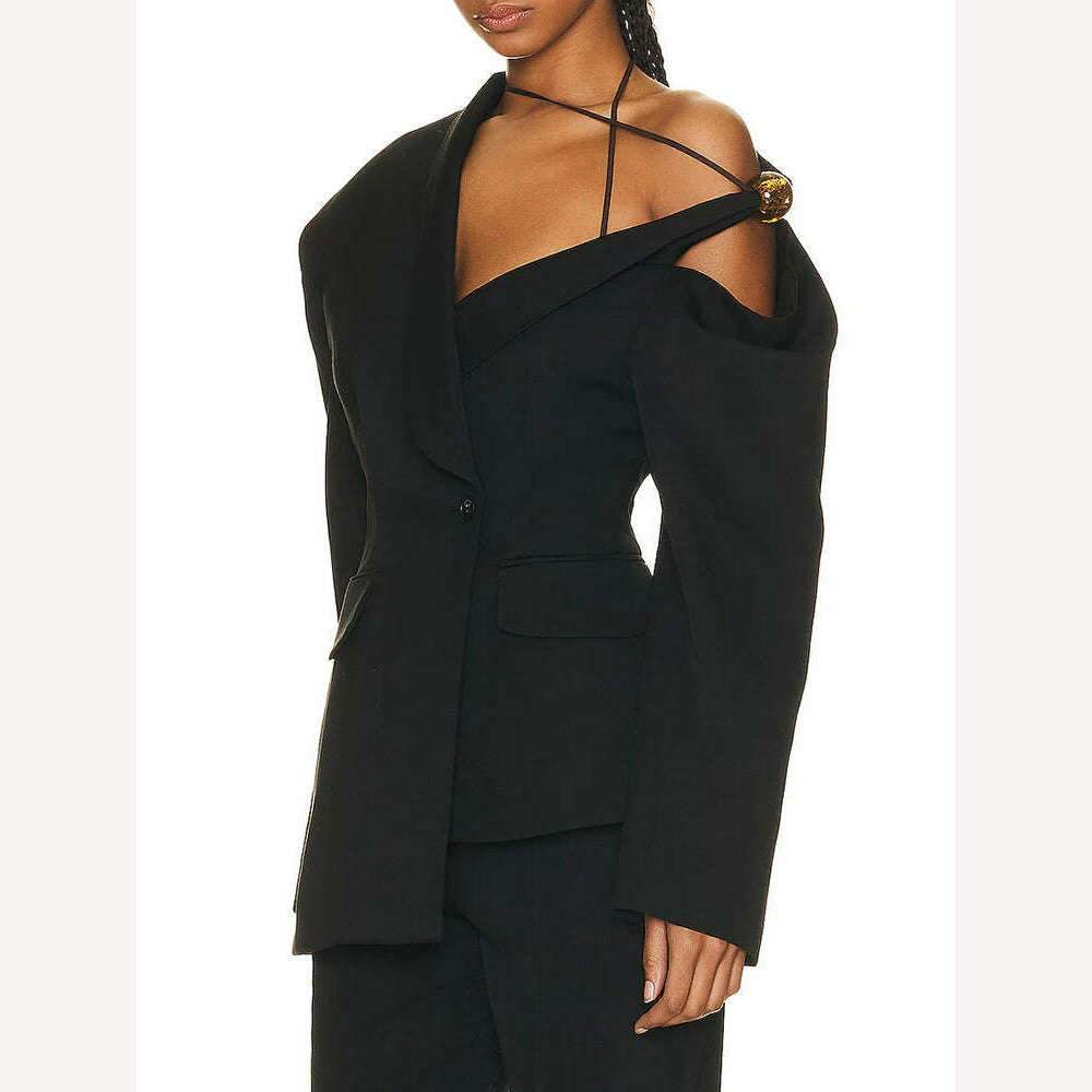 KIMLUD, VGH Asymmetrical Chic Blazers For Women Diagonal Collar Long Sleeve Off Shoulder Spliced Button Straight Blazer Female Fashion, KIMLUD Womens Clothes