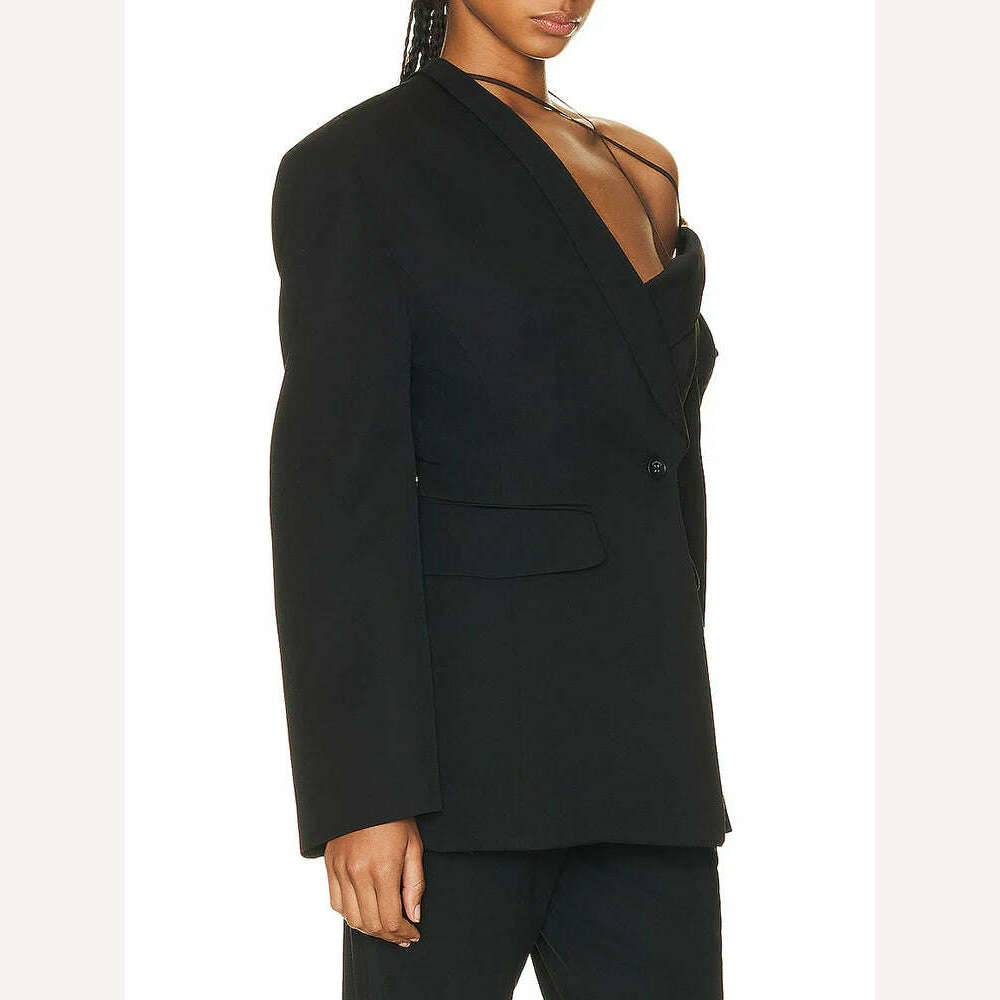 KIMLUD, VGH Asymmetrical Chic Blazers For Women Diagonal Collar Long Sleeve Off Shoulder Spliced Button Straight Blazer Female Fashion, KIMLUD Womens Clothes