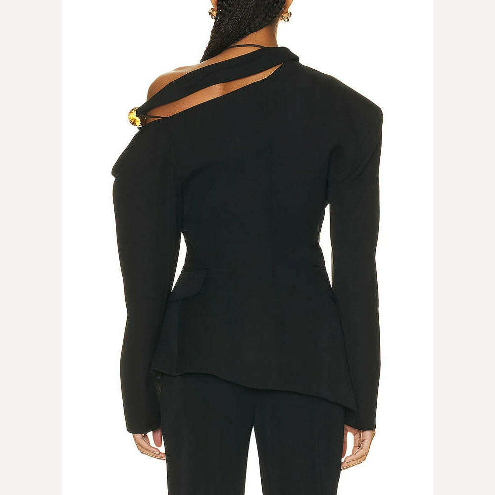 KIMLUD, VGH Asymmetrical Chic Blazers For Women Diagonal Collar Long Sleeve Off Shoulder Spliced Button Straight Blazer Female Fashion, KIMLUD Womens Clothes
