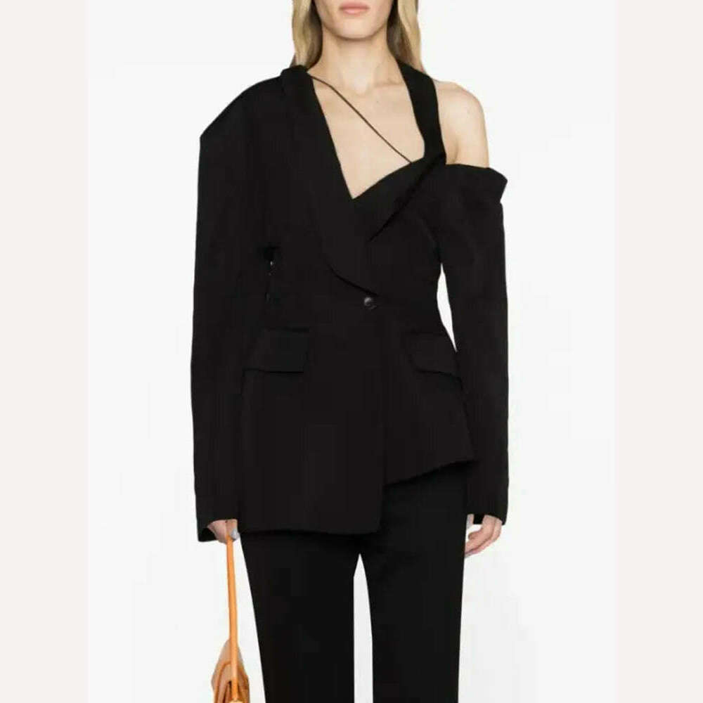 KIMLUD, VGH Asymmetrical Chic Blazers For Women Diagonal Collar Long Sleeve Off Shoulder Spliced Button Straight Blazer Female Fashion, KIMLUD Womens Clothes