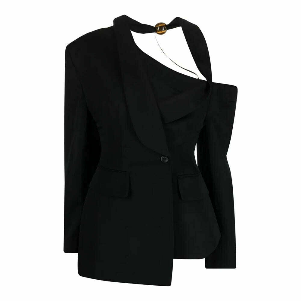 KIMLUD, VGH Asymmetrical Chic Blazers For Women Diagonal Collar Long Sleeve Off Shoulder Spliced Button Straight Blazer Female Fashion, Black / S, KIMLUD APPAREL - Womens Clothes