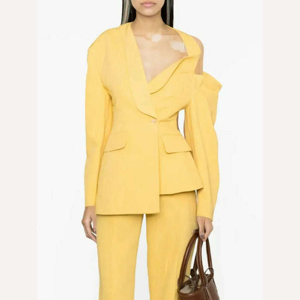 KIMLUD, VGH Asymmetrical Chic Blazers For Women Diagonal Collar Long Sleeve Off Shoulder Spliced Button Straight Blazer Female Fashion, KIMLUD Womens Clothes