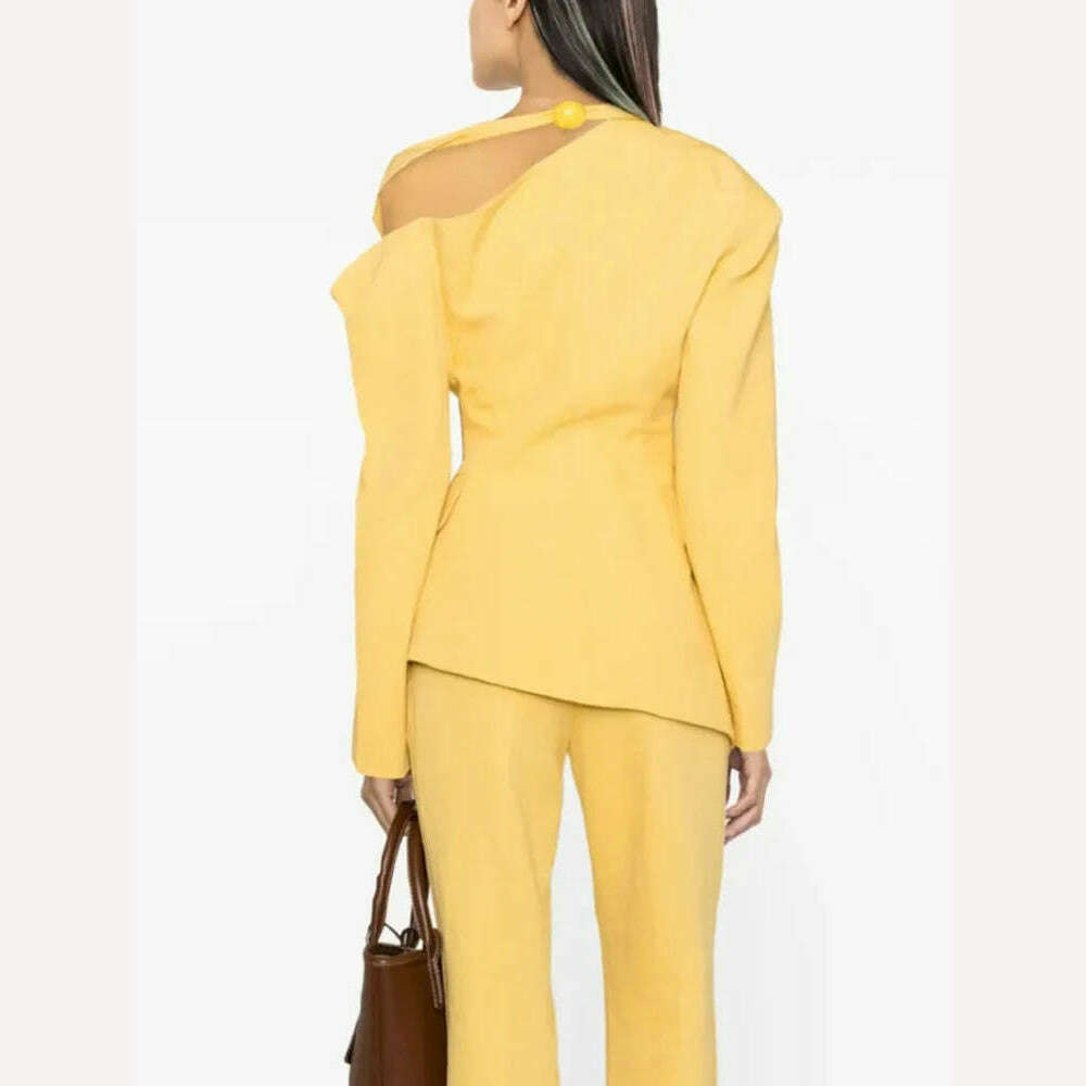 KIMLUD, VGH Asymmetrical Chic Blazers For Women Diagonal Collar Long Sleeve Off Shoulder Spliced Button Straight Blazer Female Fashion, KIMLUD Womens Clothes