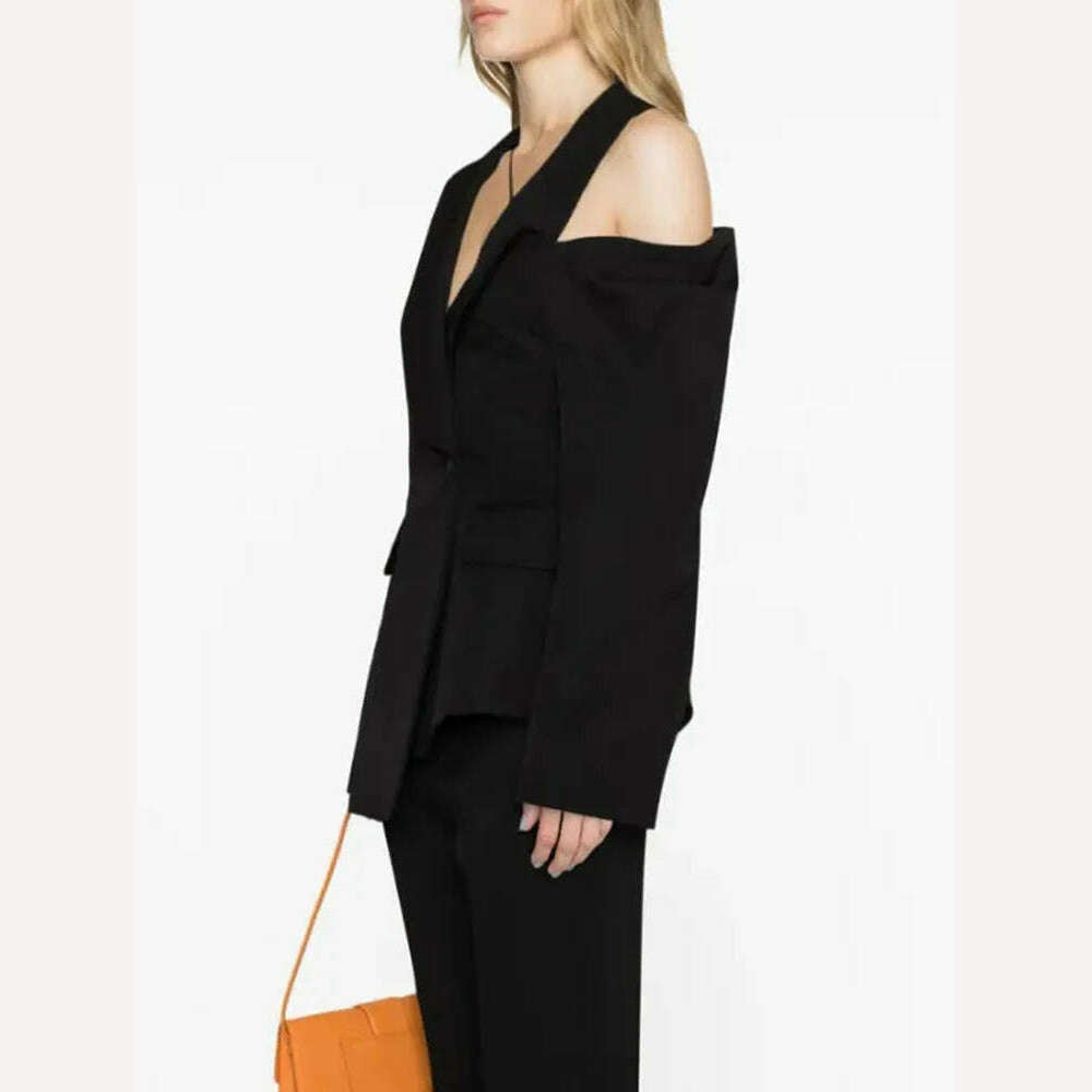 KIMLUD, VGH Asymmetrical Chic Blazers For Women Diagonal Collar Long Sleeve Off Shoulder Spliced Button Straight Blazer Female Fashion, KIMLUD Womens Clothes