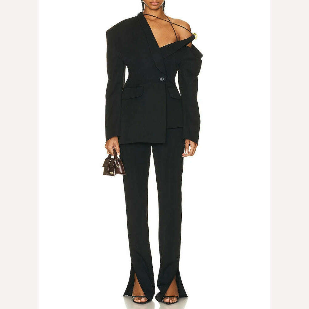 KIMLUD, VGH Asymmetrical Chic Blazers For Women Diagonal Collar Long Sleeve Off Shoulder Spliced Button Straight Blazer Female Fashion, KIMLUD Womens Clothes