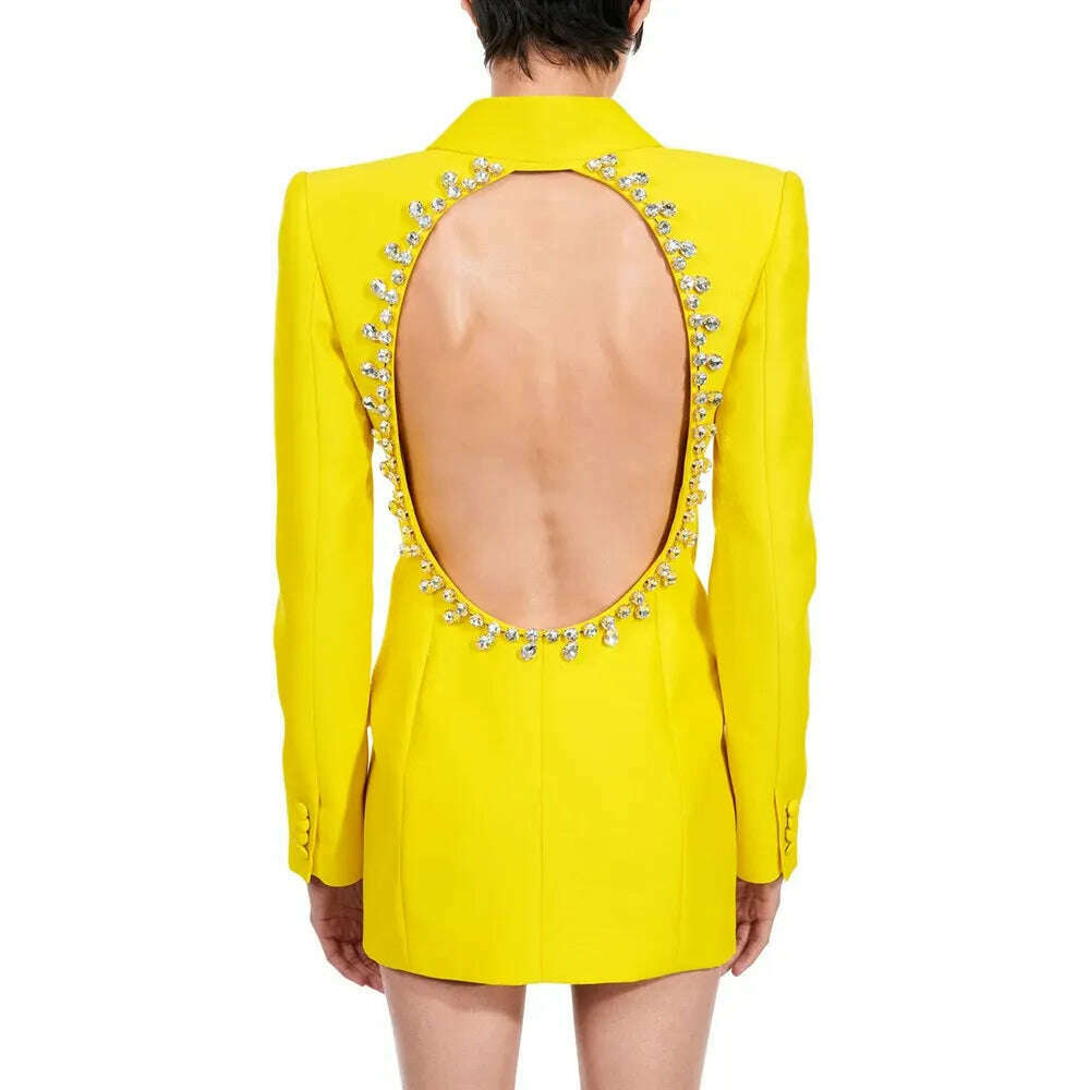 KIMLUD, VGH Backless Blazres For Women Notched Collar Long Sleeve Hollow Out Patchwoek Diamonds Soild Blazre Female Fashion Clothing New, YELLOW / S, KIMLUD Women's Clothes