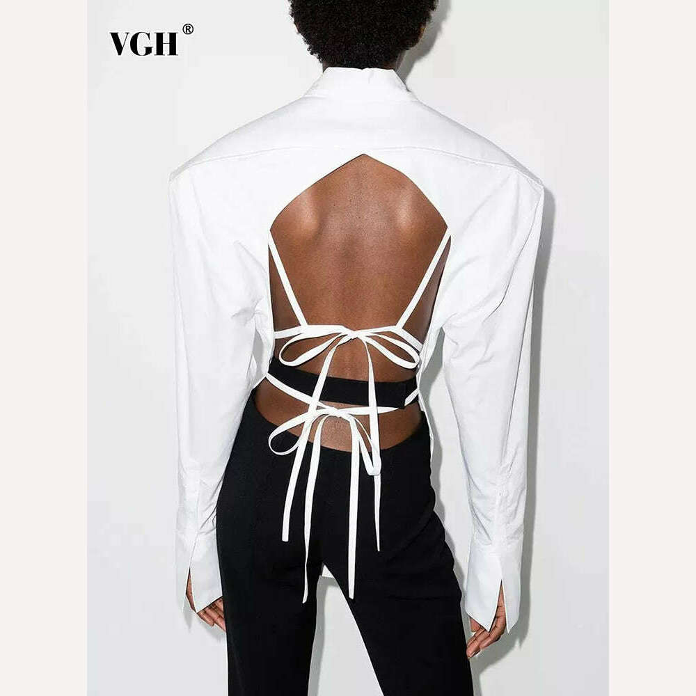 KIMLUD, VGH Backless Sexy White Shirt For Women Lapel Long Sleeve Solid Bandage High Street Solid Minimalist Blouses Female 2022 Clothes, KIMLUD Womens Clothes