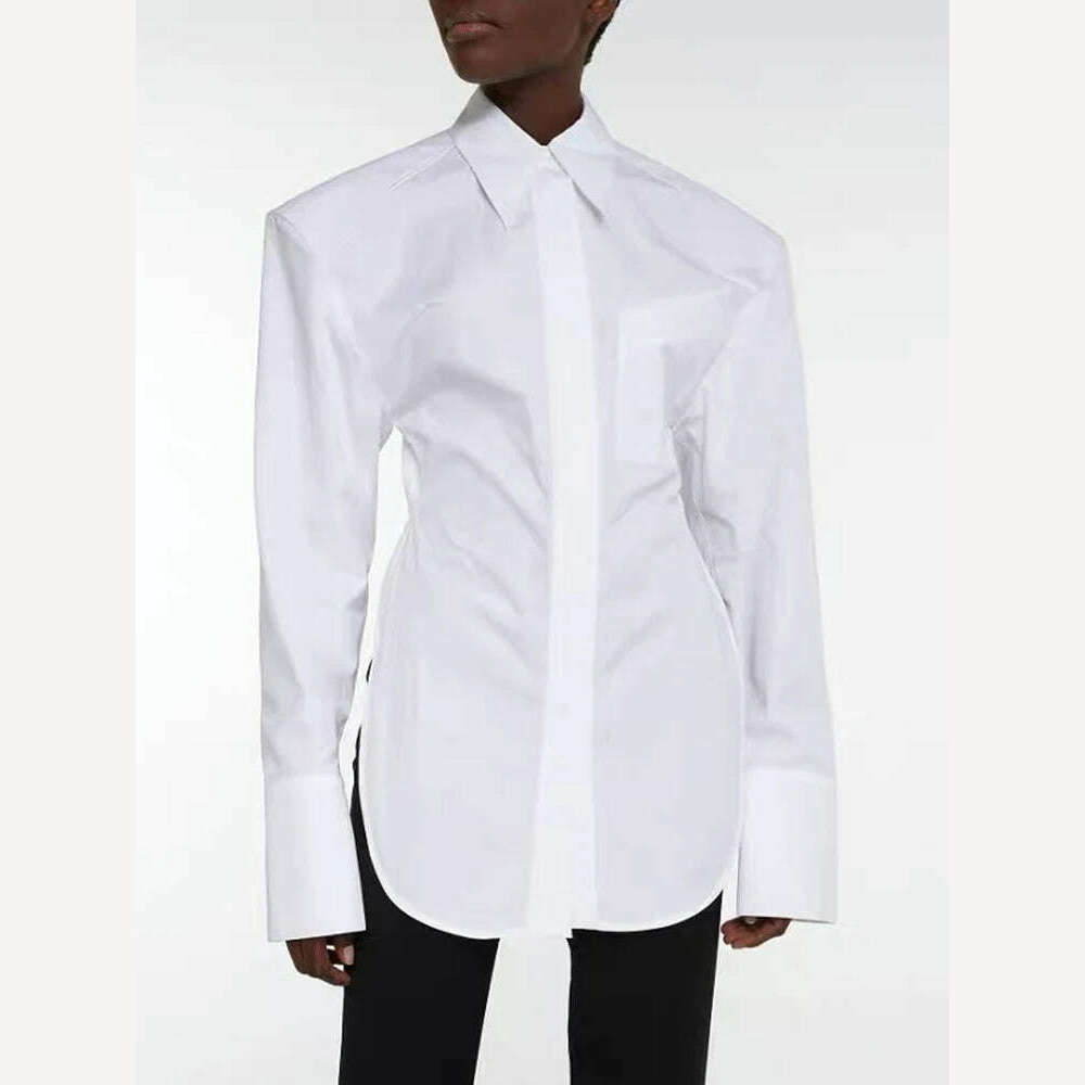 KIMLUD, VGH Backless Sexy White Shirt For Women Lapel Long Sleeve Solid Bandage High Street Solid Minimalist Blouses Female 2022 Clothes, KIMLUD Womens Clothes