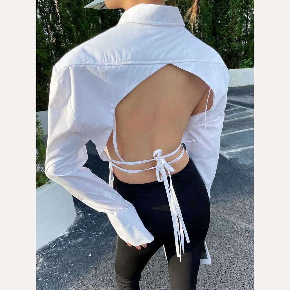 KIMLUD, VGH Backless Sexy White Shirt For Women Lapel Long Sleeve Solid Bandage High Street Solid Minimalist Blouses Female 2022 Clothes, white / S, KIMLUD Womens Clothes