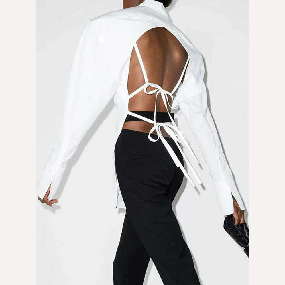 KIMLUD, VGH Backless Sexy White Shirt For Women Lapel Long Sleeve Solid Bandage High Street Solid Minimalist Blouses Female 2022 Clothes, KIMLUD Womens Clothes