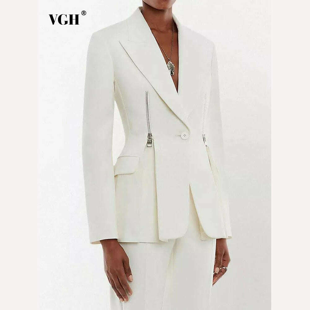 KIMLUD, VGH Casual Elegant Blazer For Women Notched Collar Long Sleeve Patchwork Zipper Solid Minimalist Slim Blazers Female Clothes New, KIMLUD Womens Clothes