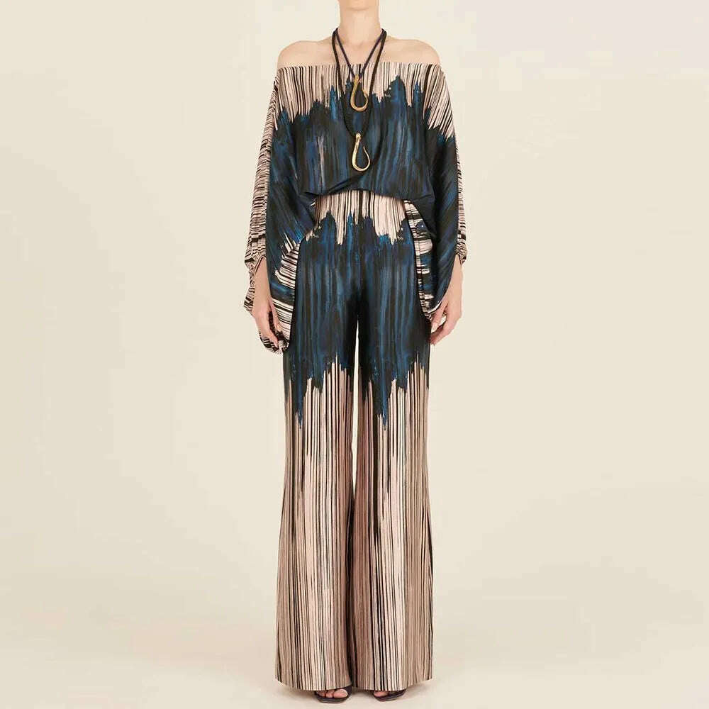VGH Casual Hit Color Two Piece Set For Women Skew Collar Lantern Long Sleeve Tops High Waiat Wide Leg Pants Fashion Sets Female - KIMLUD