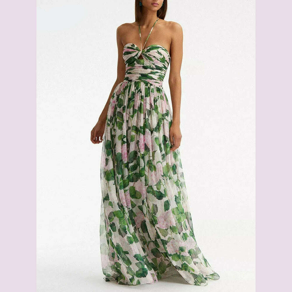 KIMLUD, VGH Casual Long Dress For Women Halter Sleeveless High Waist Hit Color Patchwork Print Slim Dresses Female Summer Clothing Style, KIMLUD Womens Clothes