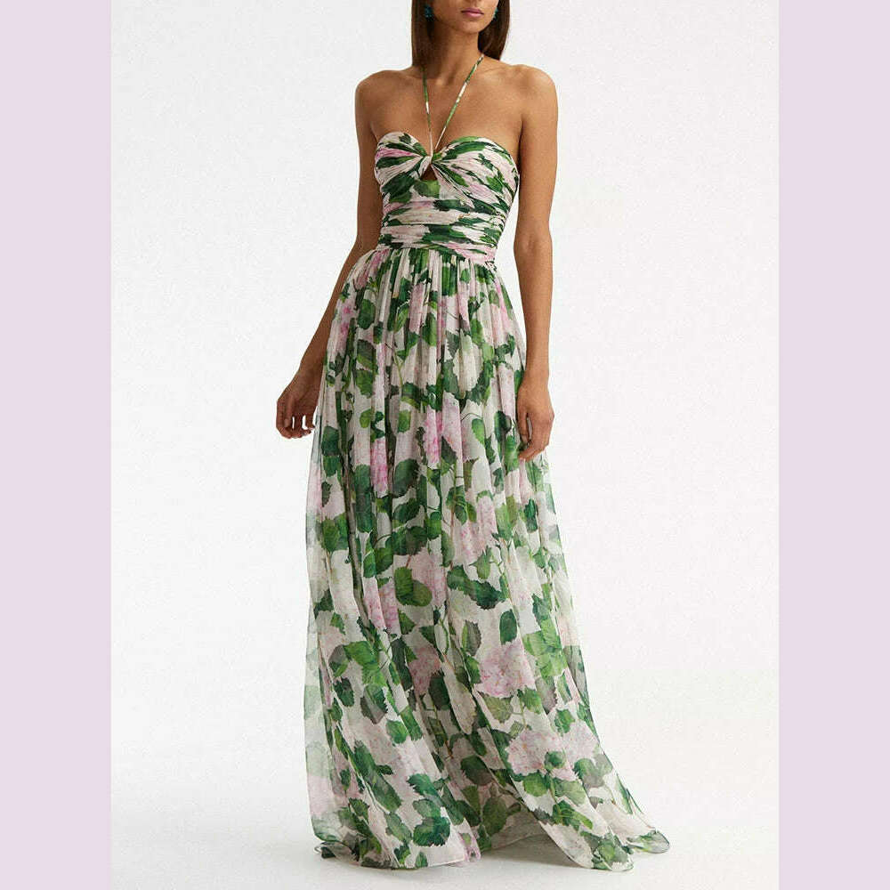 KIMLUD, VGH Casual Long Dress For Women Halter Sleeveless High Waist Hit Color Patchwork Print Slim Dresses Female Summer Clothing Style, Greenprint / XL, KIMLUD APPAREL - Womens Clothes