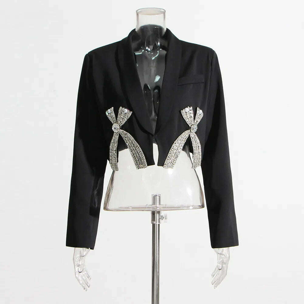 KIMLUD, VGH Casual Patchwork Diamonds Short Blazers For Women V Neck Long Sleeve Temperament Slimming Blazer Female Fashion Style New, Black / M, KIMLUD APPAREL - Womens Clothes