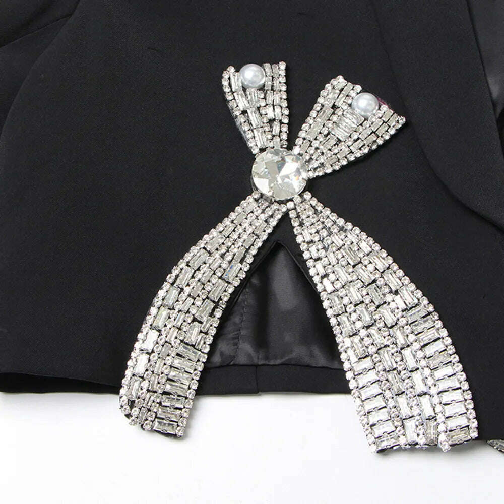 KIMLUD, VGH Casual Patchwork Diamonds Short Blazers For Women V Neck Long Sleeve Temperament Slimming Blazer Female Fashion Style New, KIMLUD Womens Clothes