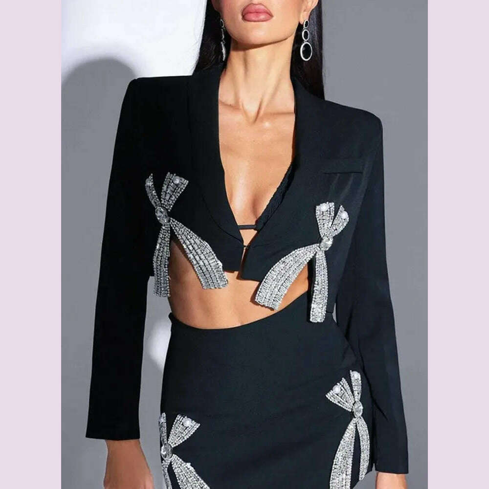 KIMLUD, VGH Casual Patchwork Diamonds Short Blazers For Women V Neck Long Sleeve Temperament Slimming Blazer Female Fashion Style New, KIMLUD Womens Clothes