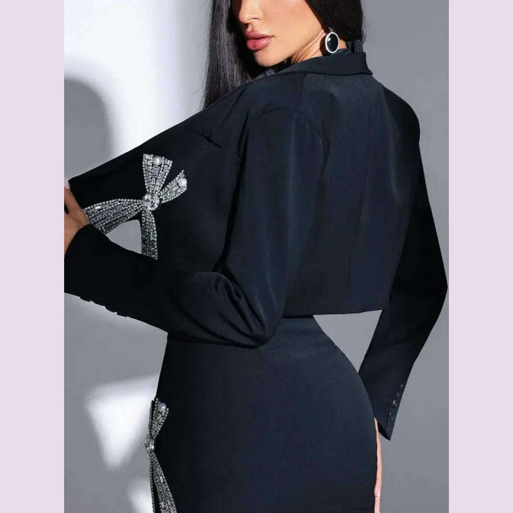 KIMLUD, VGH Casual Patchwork Diamonds Short Blazers For Women V Neck Long Sleeve Temperament Slimming Blazer Female Fashion Style New, KIMLUD Womens Clothes
