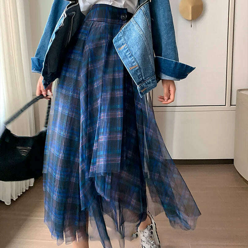 KIMLUD, VGH Casual Plaid Patchwork Mesh Women's Skirts High Waist Hit Color Elegant A Line Skirt For Female 2020 Spring Fashion Clothing, KIMLUD Womens Clothes
