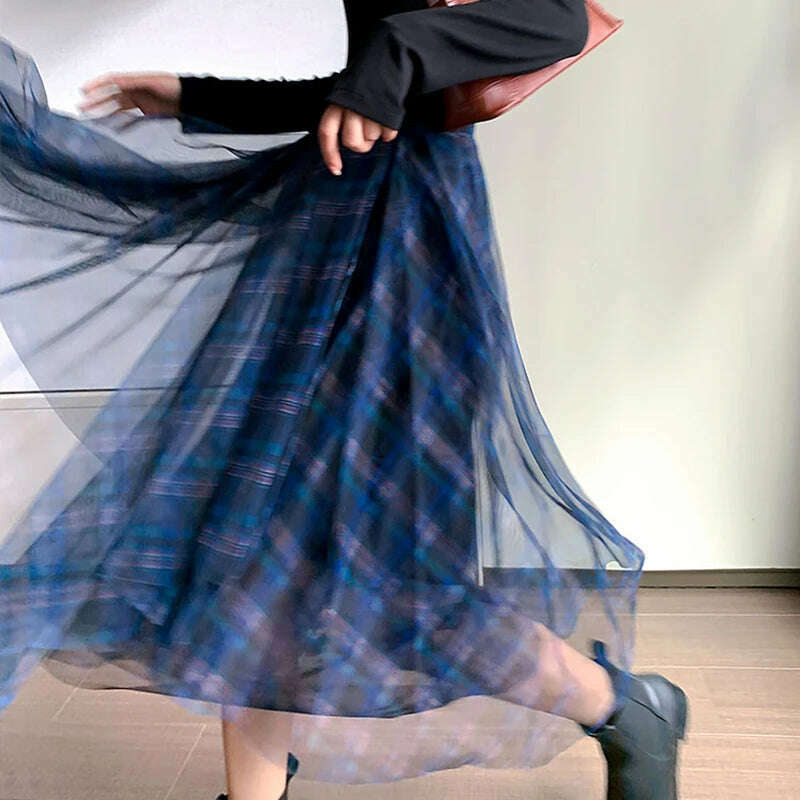 KIMLUD, VGH Casual Plaid Patchwork Mesh Women's Skirts High Waist Hit Color Elegant A Line Skirt For Female 2020 Spring Fashion Clothing, KIMLUD Womens Clothes