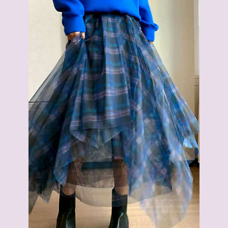 KIMLUD, VGH Casual Plaid Patchwork Mesh Women's Skirts High Waist Hit Color Elegant A Line Skirt For Female 2020 Spring Fashion Clothing, Blue / S, KIMLUD APPAREL - Womens Clothes