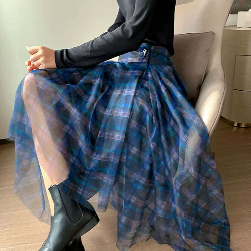 KIMLUD, VGH Casual Plaid Patchwork Mesh Women's Skirts High Waist Hit Color Elegant A Line Skirt For Female 2020 Spring Fashion Clothing, KIMLUD Womens Clothes