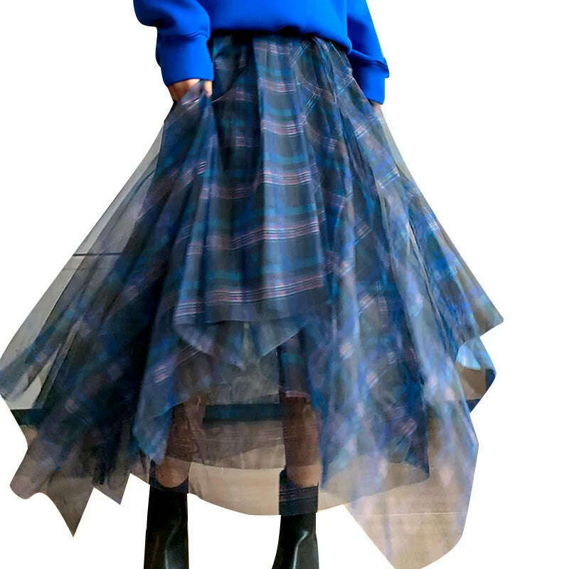KIMLUD, VGH Casual Plaid Patchwork Mesh Women's Skirts High Waist Hit Color Elegant A Line Skirt For Female 2020 Spring Fashion Clothing, KIMLUD Womens Clothes